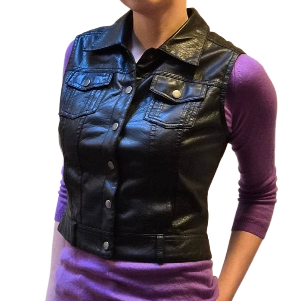 Black Leather Vest with Snap Buttons & Front Pockets